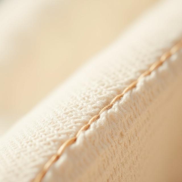 Macro shot of the stitching and texture of a natural linen fabric.
